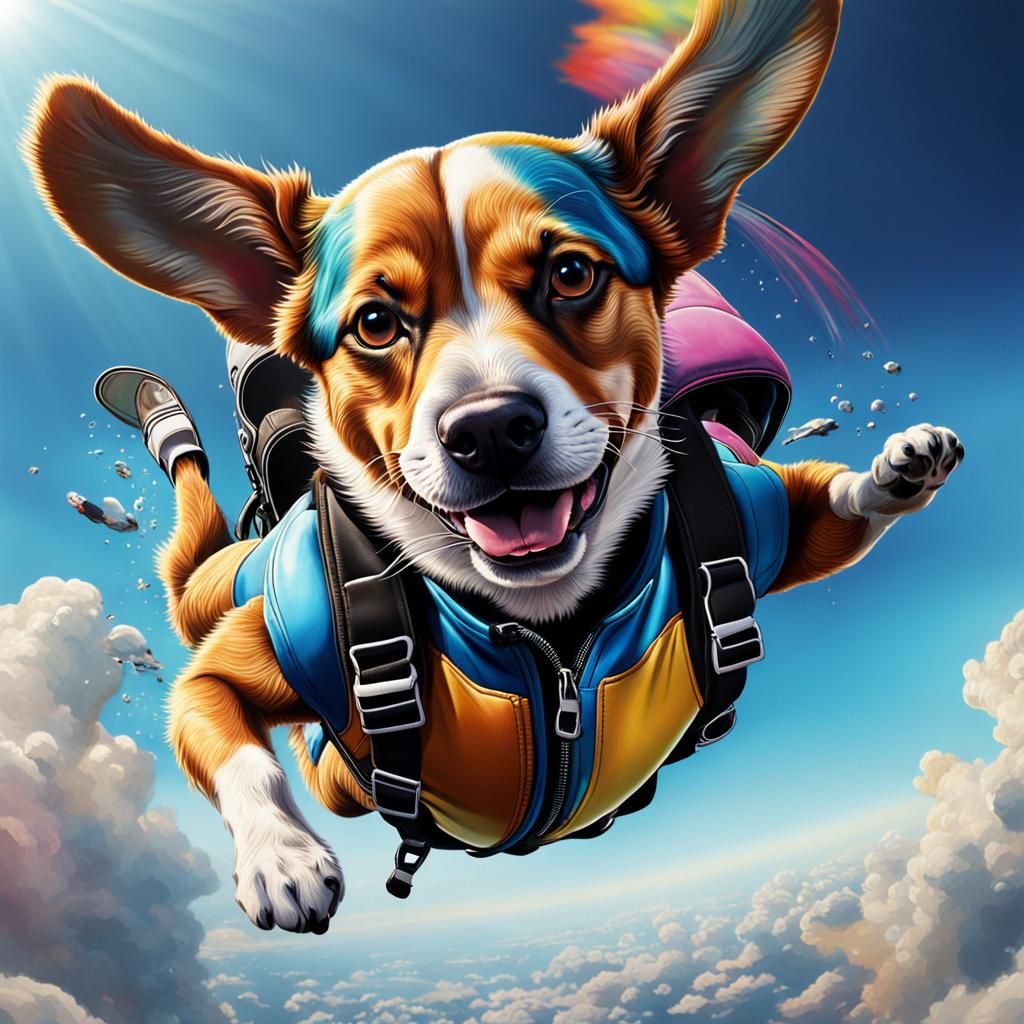 Hyperrealistic Dog Skydiving Splash Art
