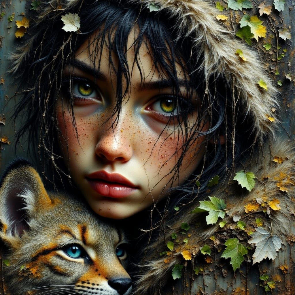 Wild Forest Girl and Lynx Companion: Impasto Oil Painting