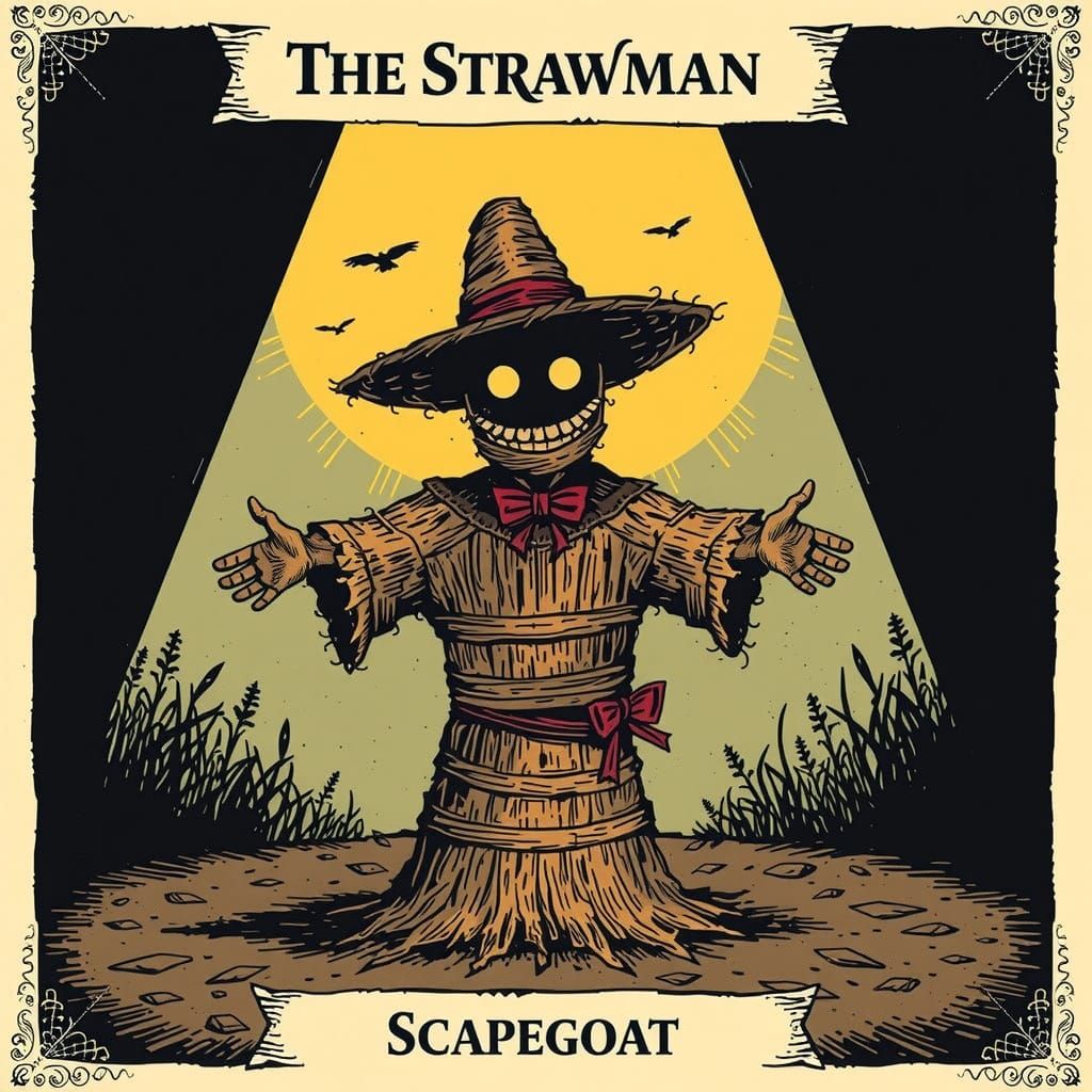 Strawman Scapegoat Illustration in Illuminati Card Style