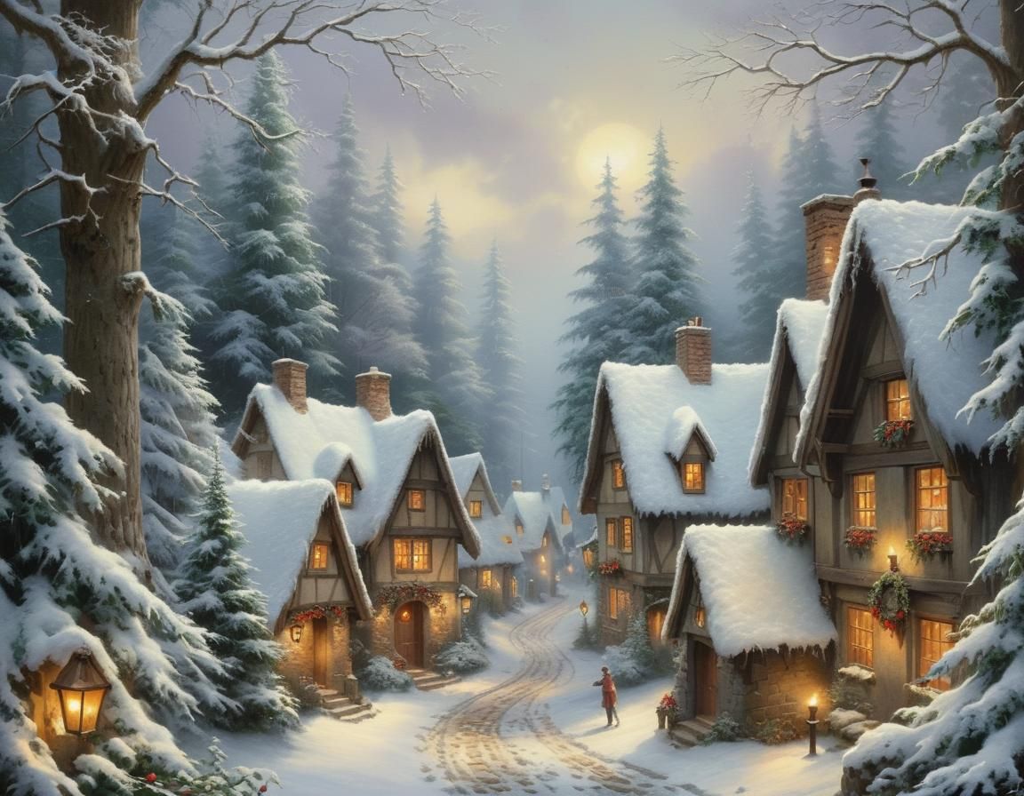 Idyllic Winter Village in Snowy Forest Glade
