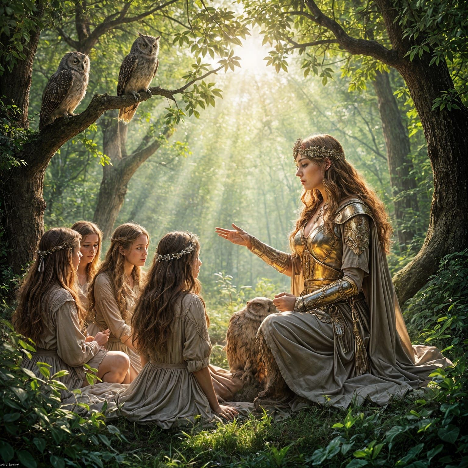 Freya Teaches Seidr to Valkyries Amidst Forest and Owls
