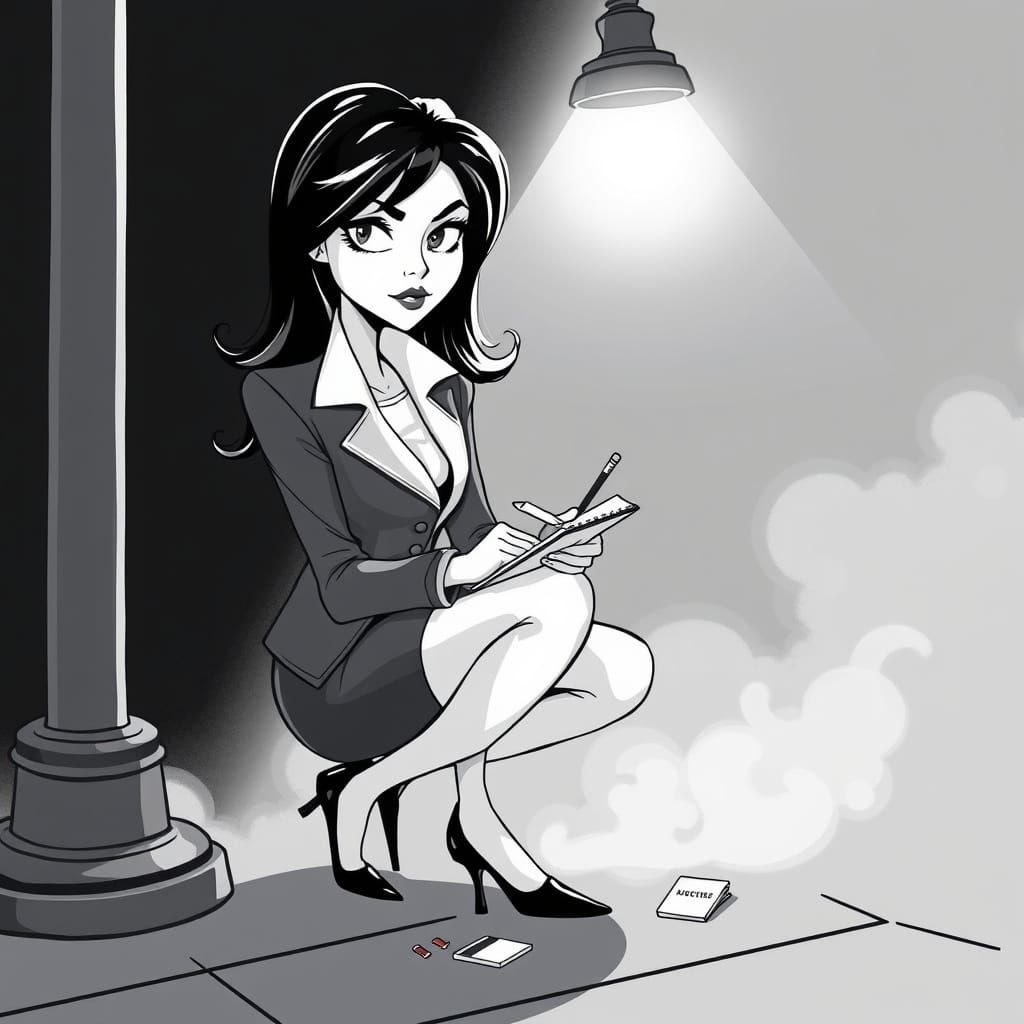 Noir Detective Cartoon Illustration Under Streetlight
