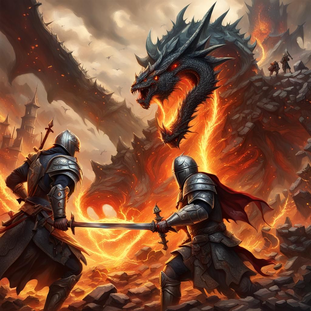 Knight vs Dragon in Fiery Apocalypse Ruins