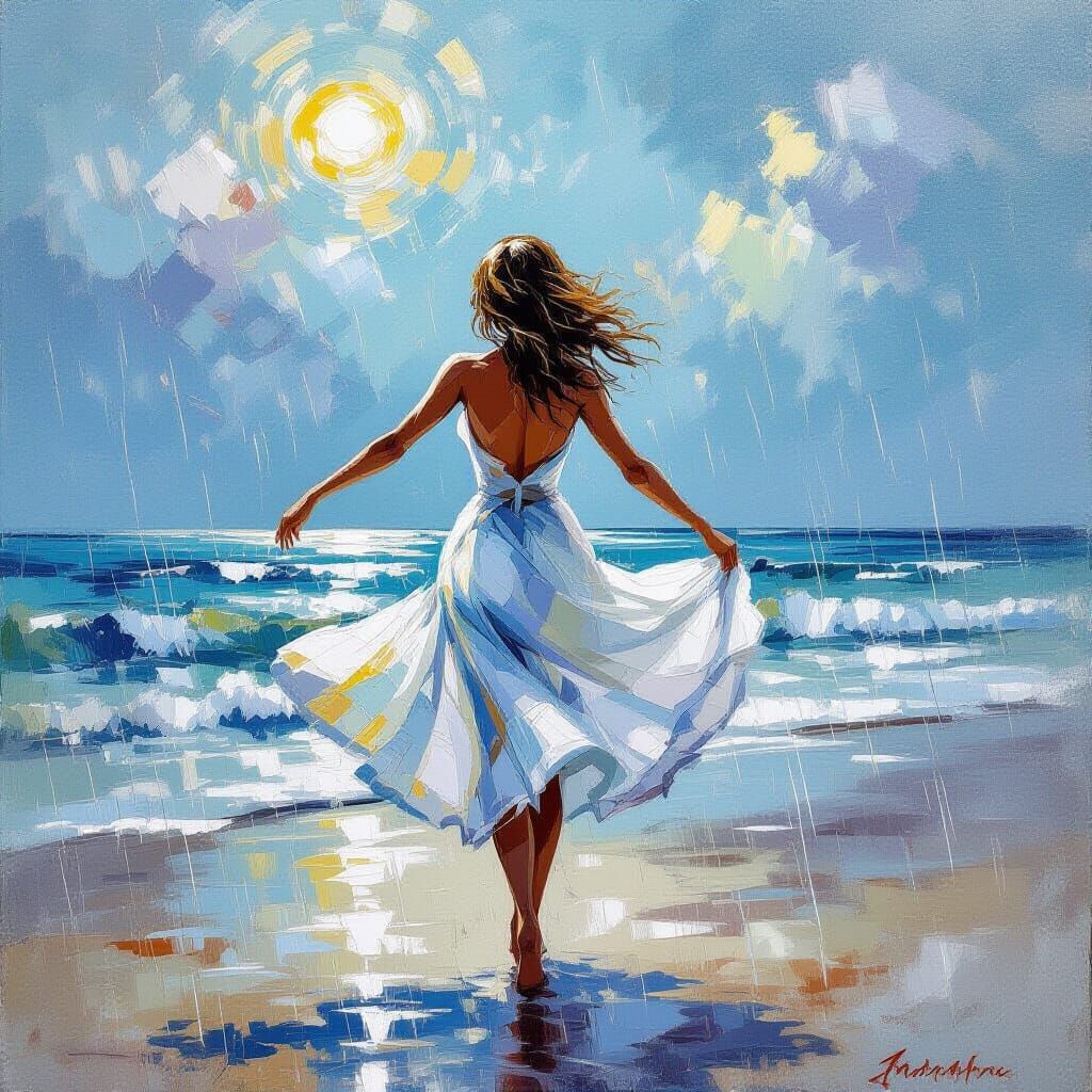 Floral Woman Dancing on Beach in Impressionist Style