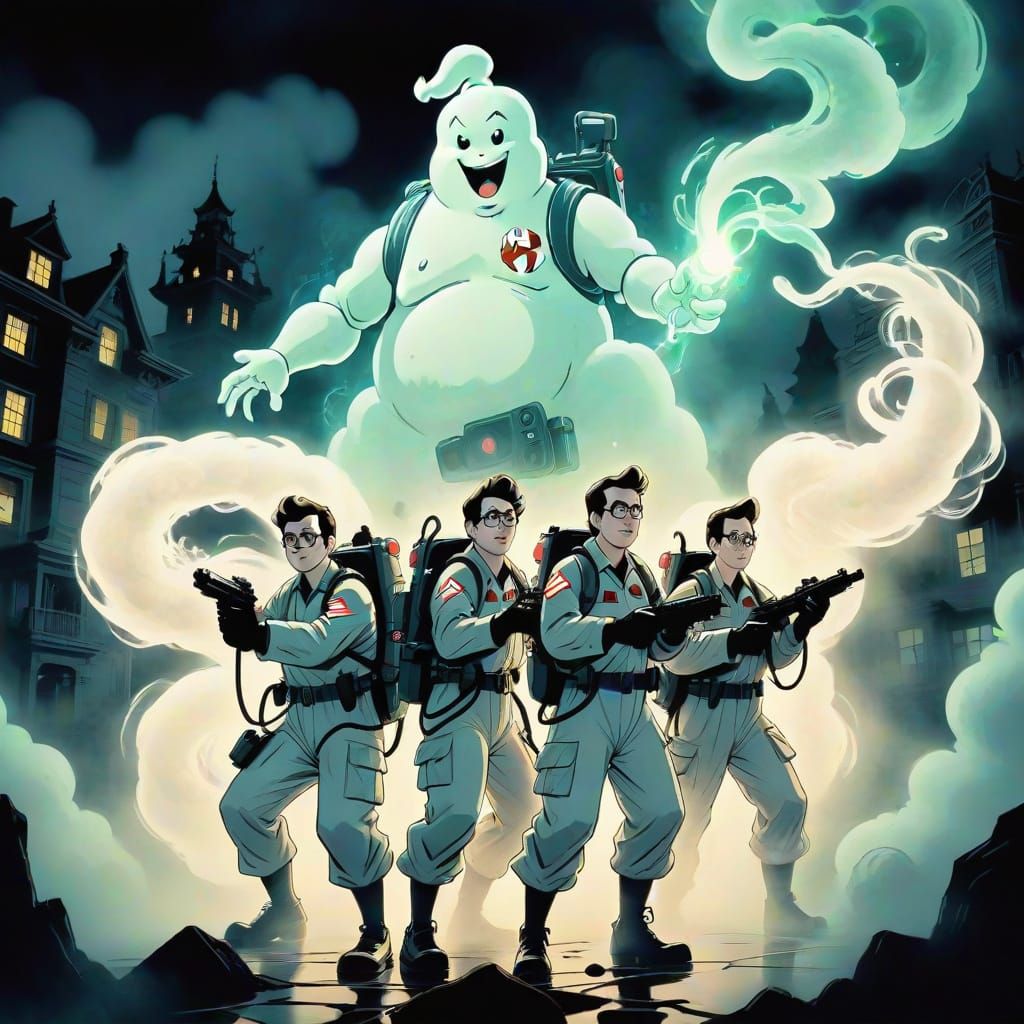 Ghostbusters Fight Ghosts in Ishii-e Style