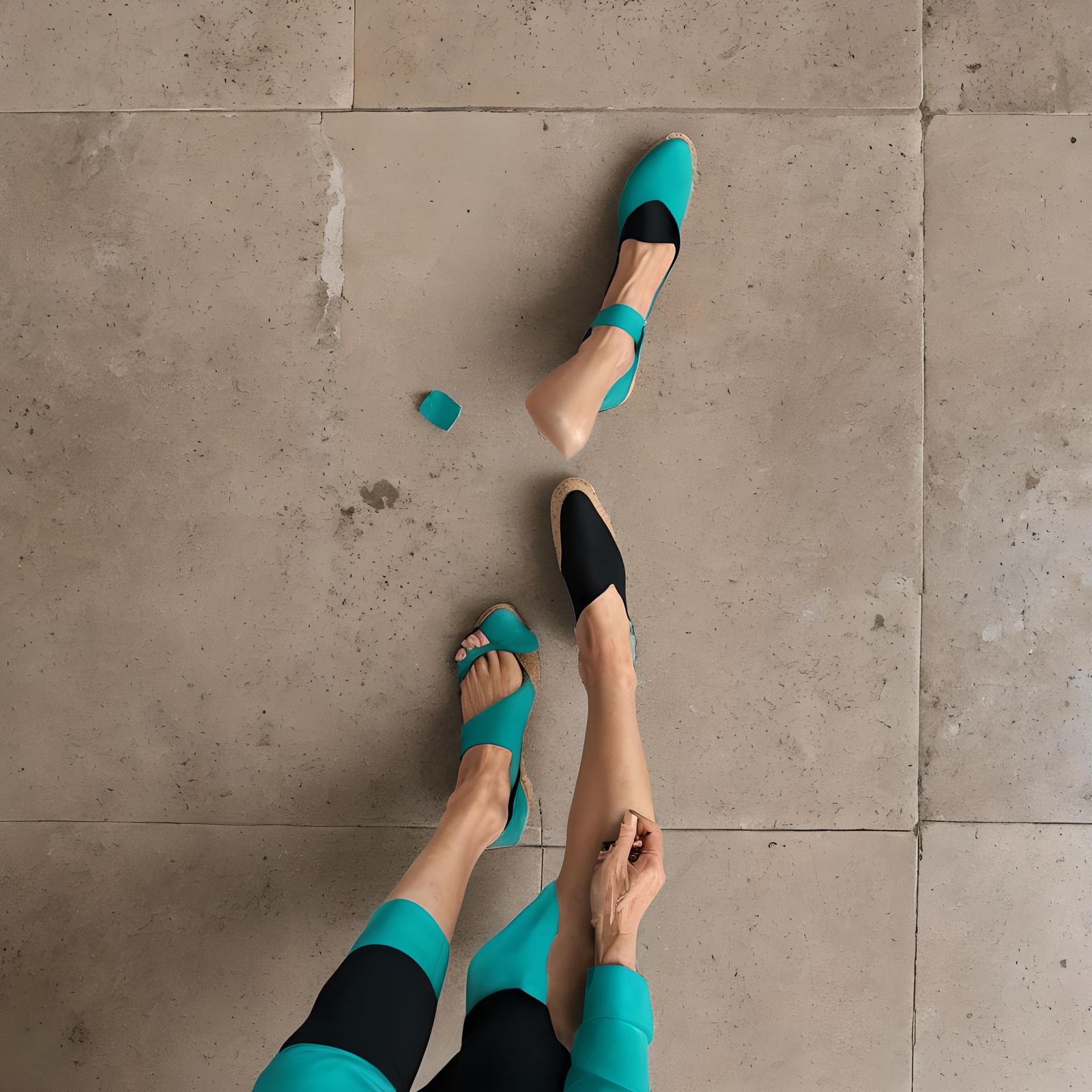 Brunette Woman in Teal Tunic and Cork Shoes