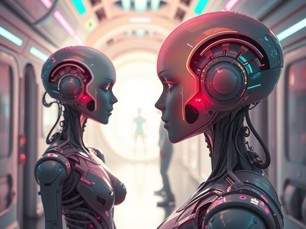 Androids Before a Radiant Portal in Dreamlike Sci-Fi