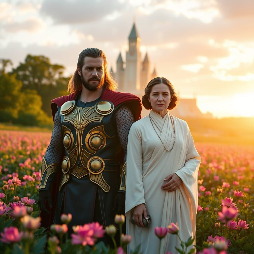 Golden Hero and Galactic Princess in a Vibrant Lupine Field