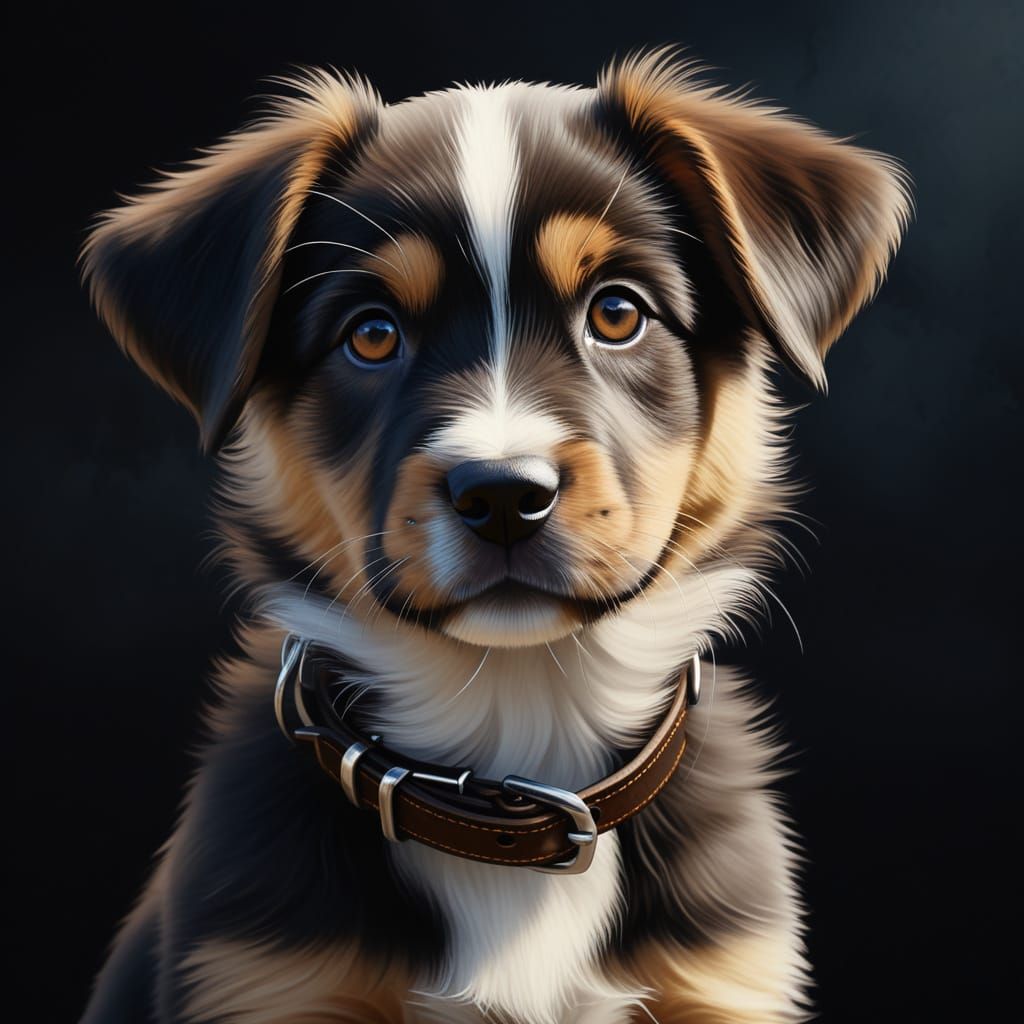 Soulful Mixed Breed Puppy in Photorealistic Oil Painting Sty...