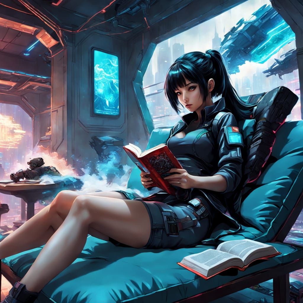 Cyberpunk Girl Reads Amidst Futuristic Battle
