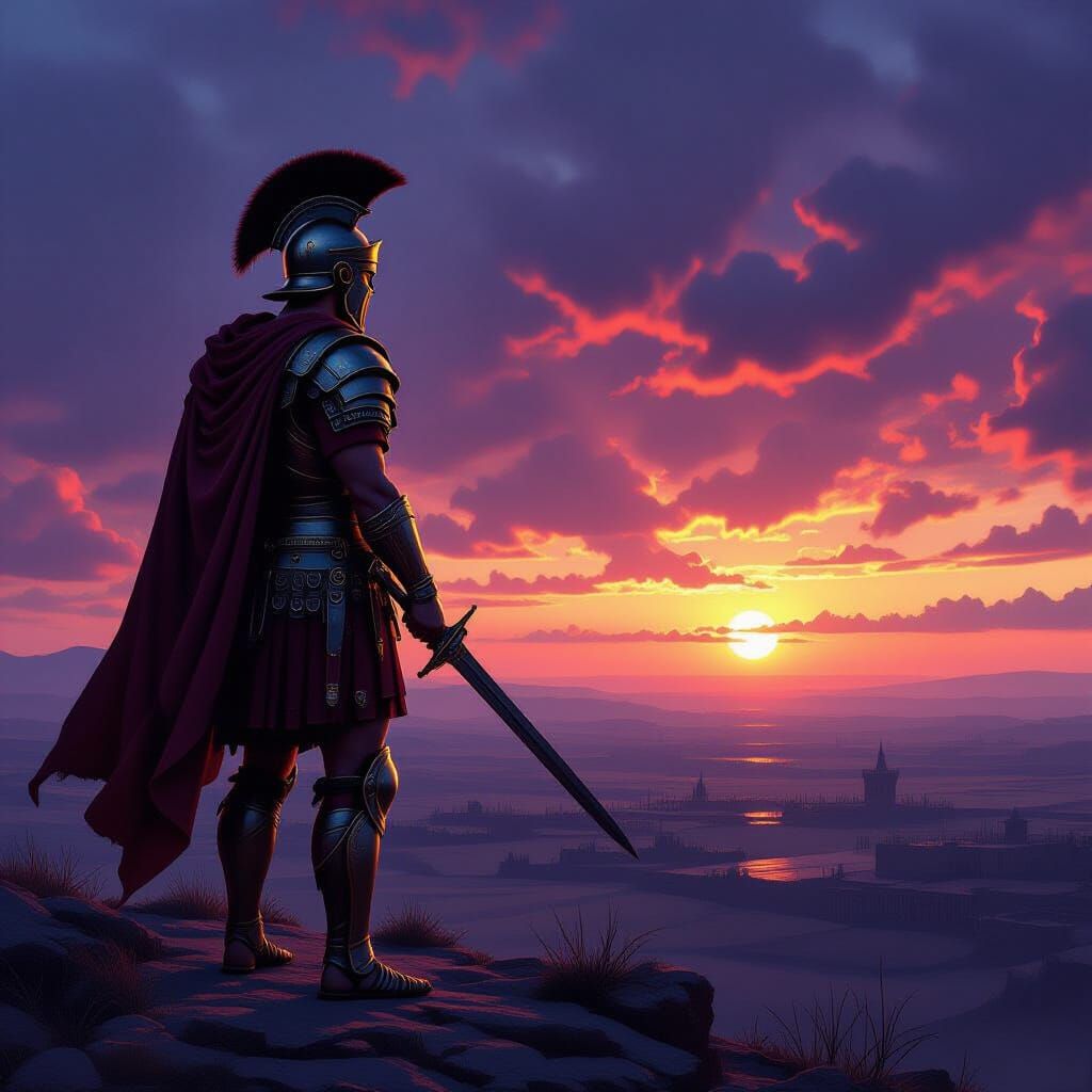 Lone Centurion Warrior on Cliff at Dawn