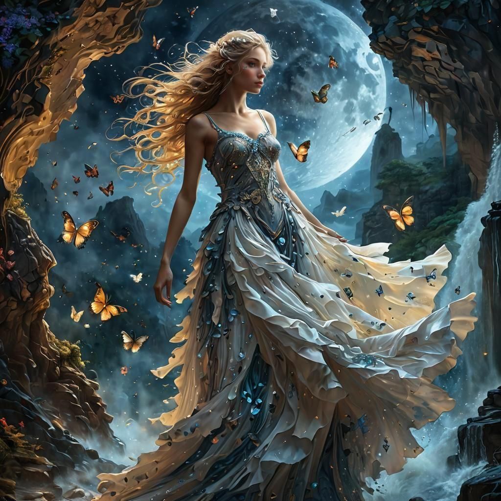 Moon Butterfly Waterfall in Impasto Style