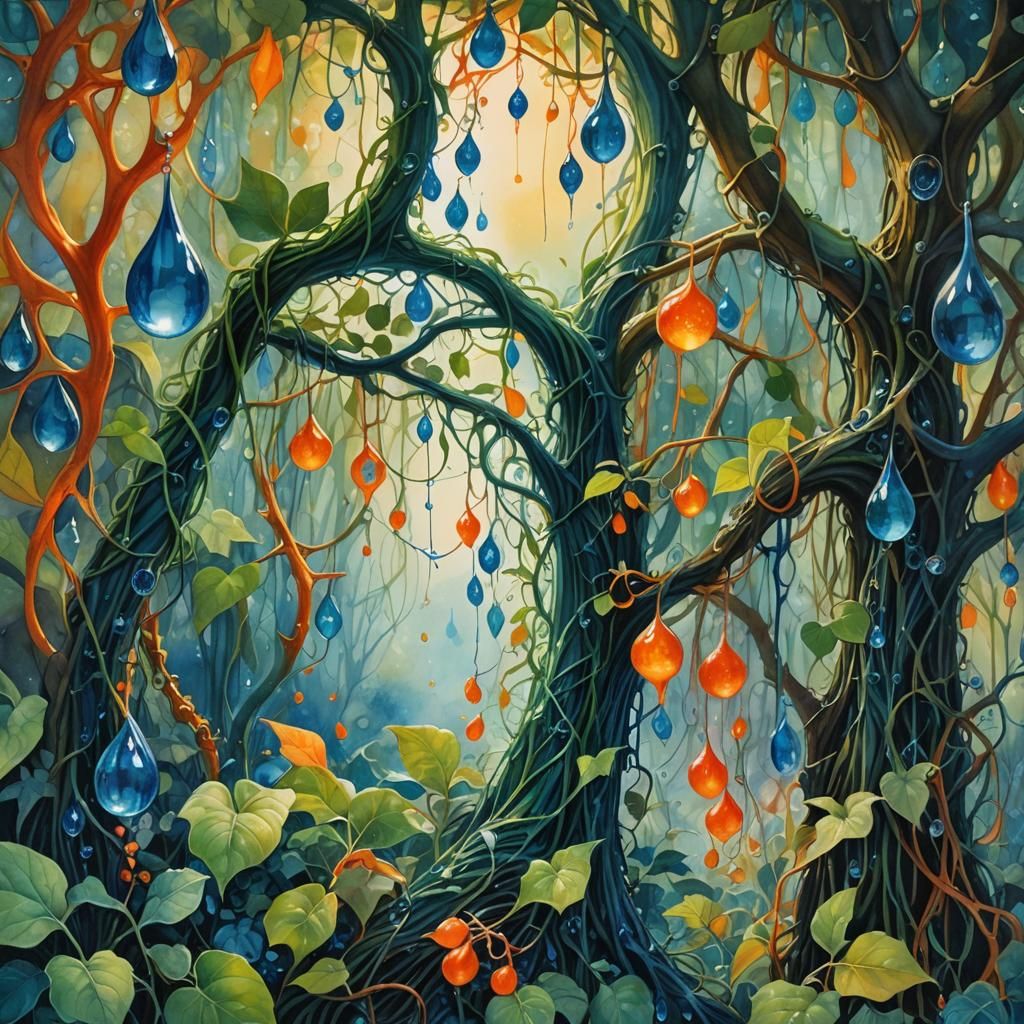 Glistening Dew Drops in Surreal Dreamscape Watercolor