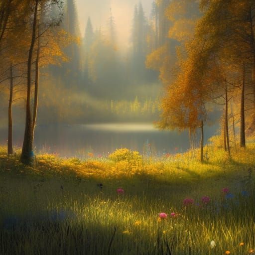 Gothic Forest: Colorful Meadow Under Golden Sunlight