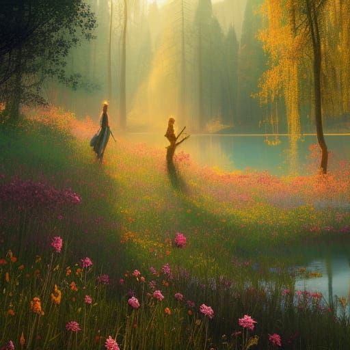 High Gothic Spring Meadow by Lake in Golden Sunlight