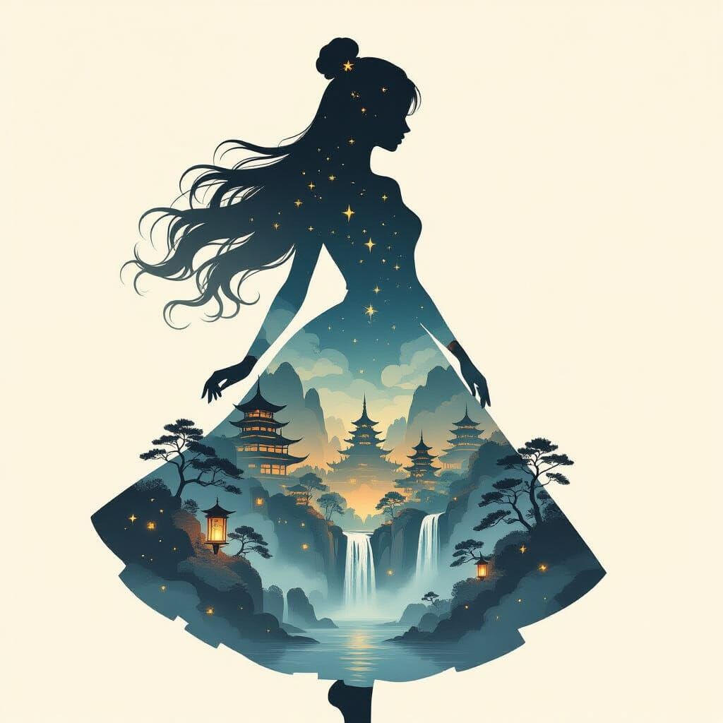 Ballerina Silhouette Merging with Waterfalls in Japanese Ink...