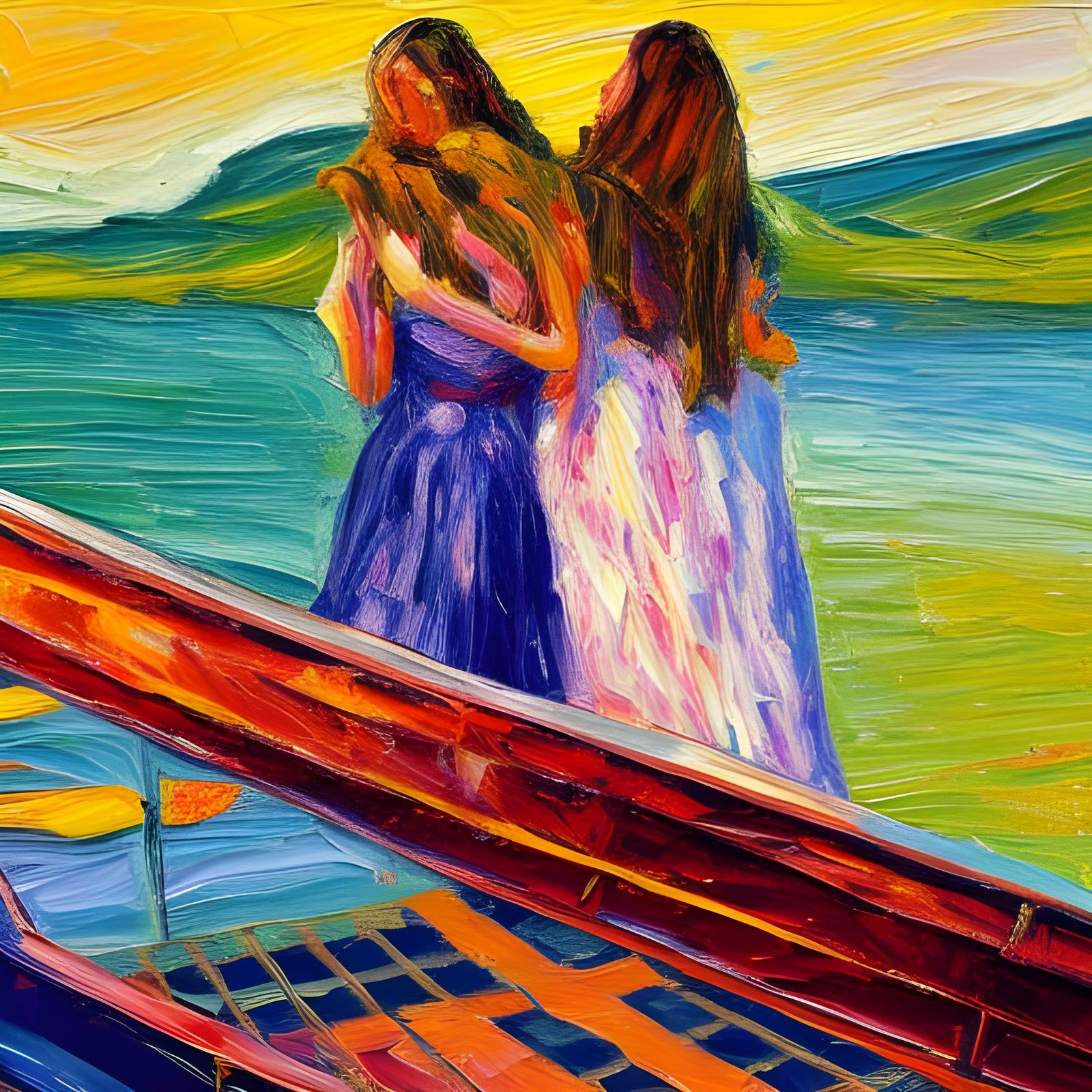 Girls on Houseboat: Neo-Impressionist Expressionist Oil Pain...
