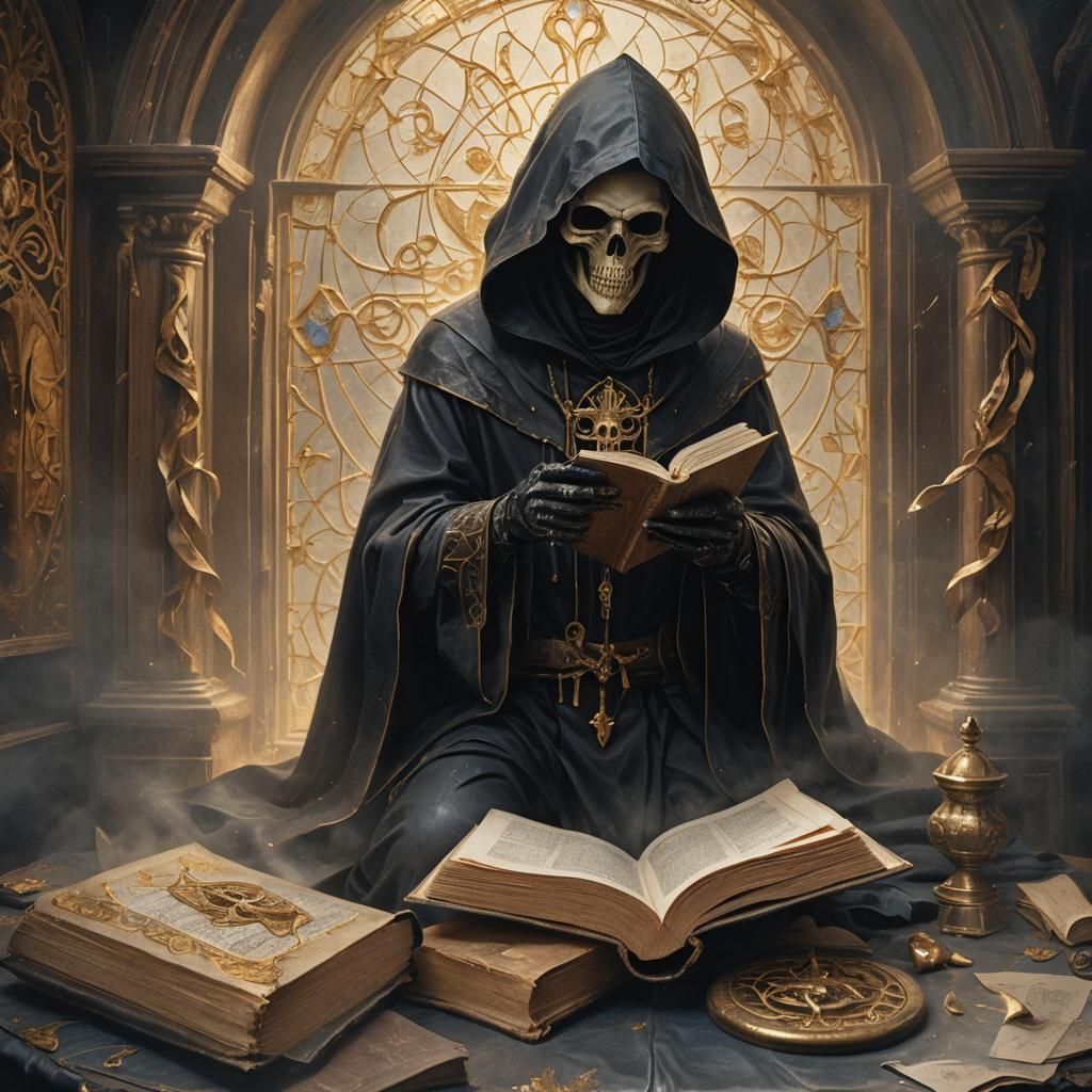 Grim Reaper Reading a Mystical Book in Baroque Style