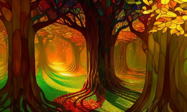 Stained Glass Forest Landscape in Digital Art Style