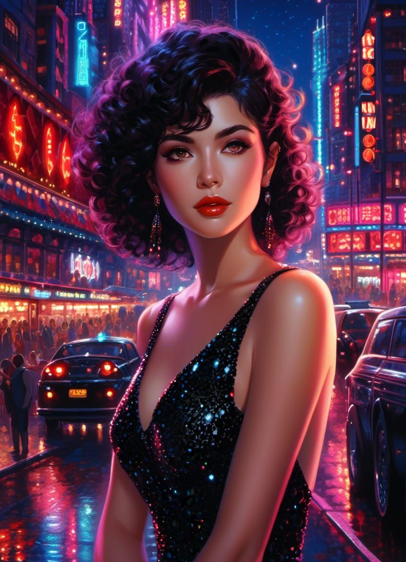 Woman in Black Glittery Dress at Night