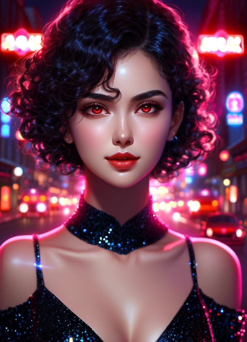 Woman in Black Glittery Dress at Night