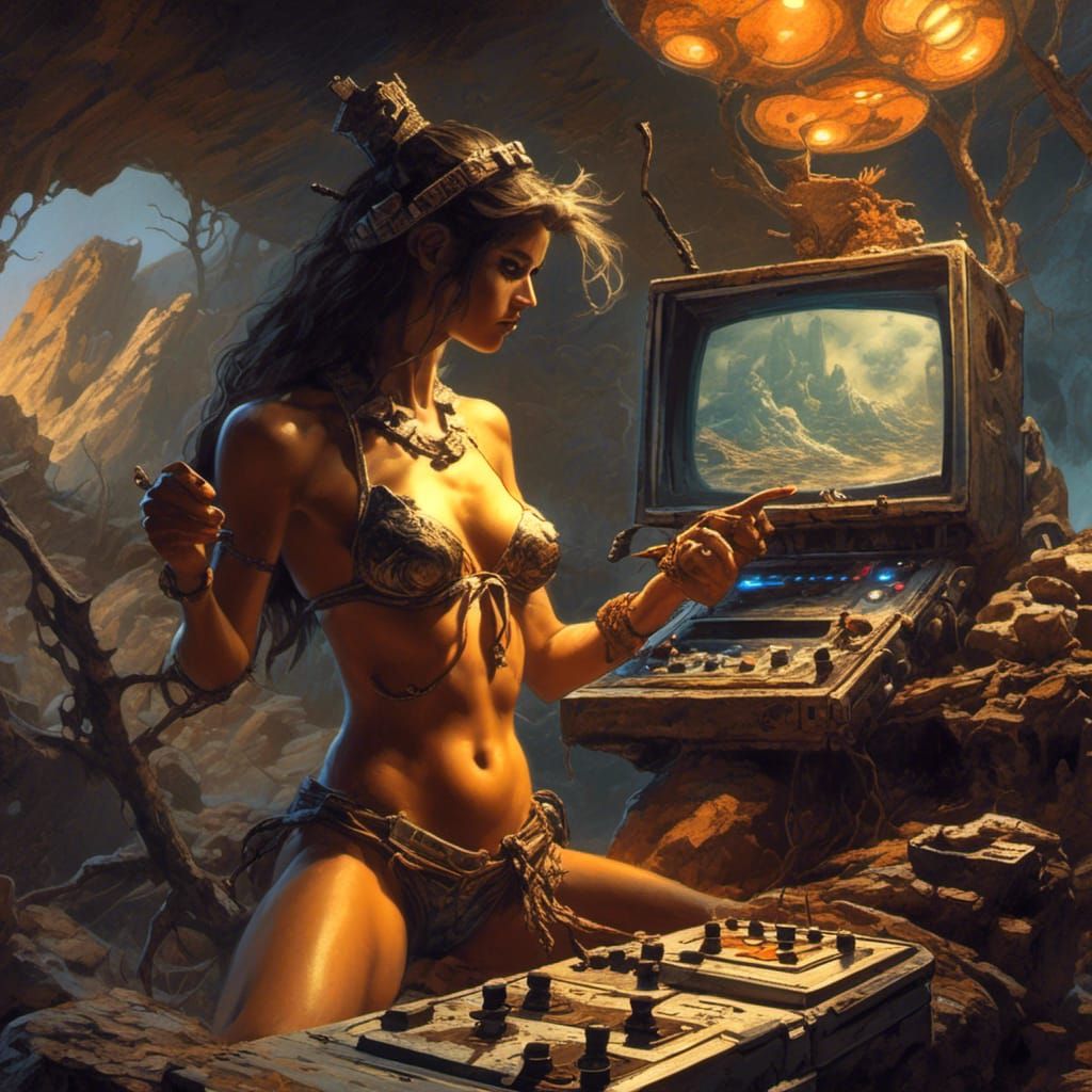 Hyperrealistic Woman Playing Atari in Fantasy Art Style