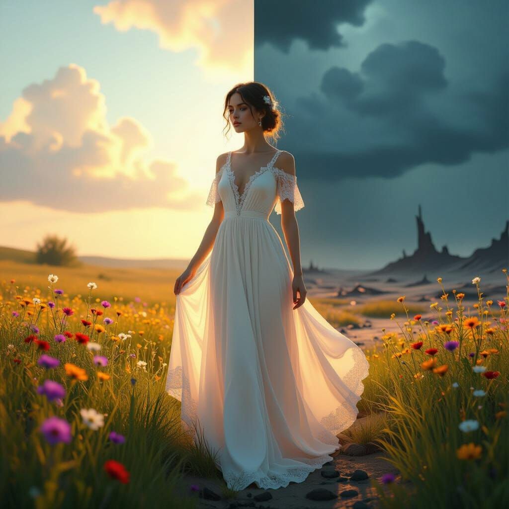 Woman at Threshold: Meadow Meets Wasteland in Hyperrealistic...