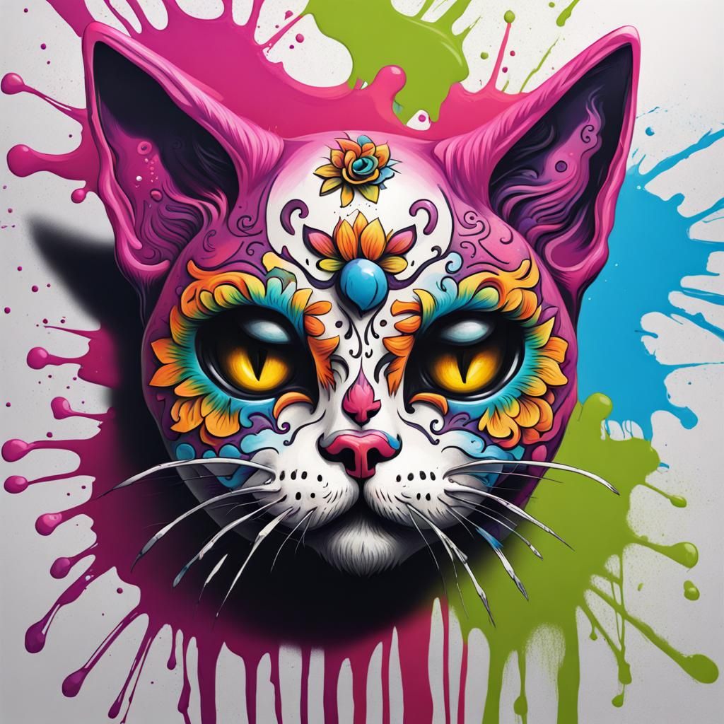 Colorful Sugar Skull Cat in Graffiti Art Style