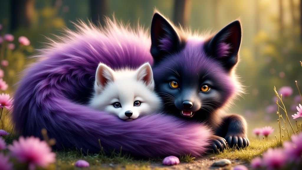 Protective Fox Cubs in Anime Style