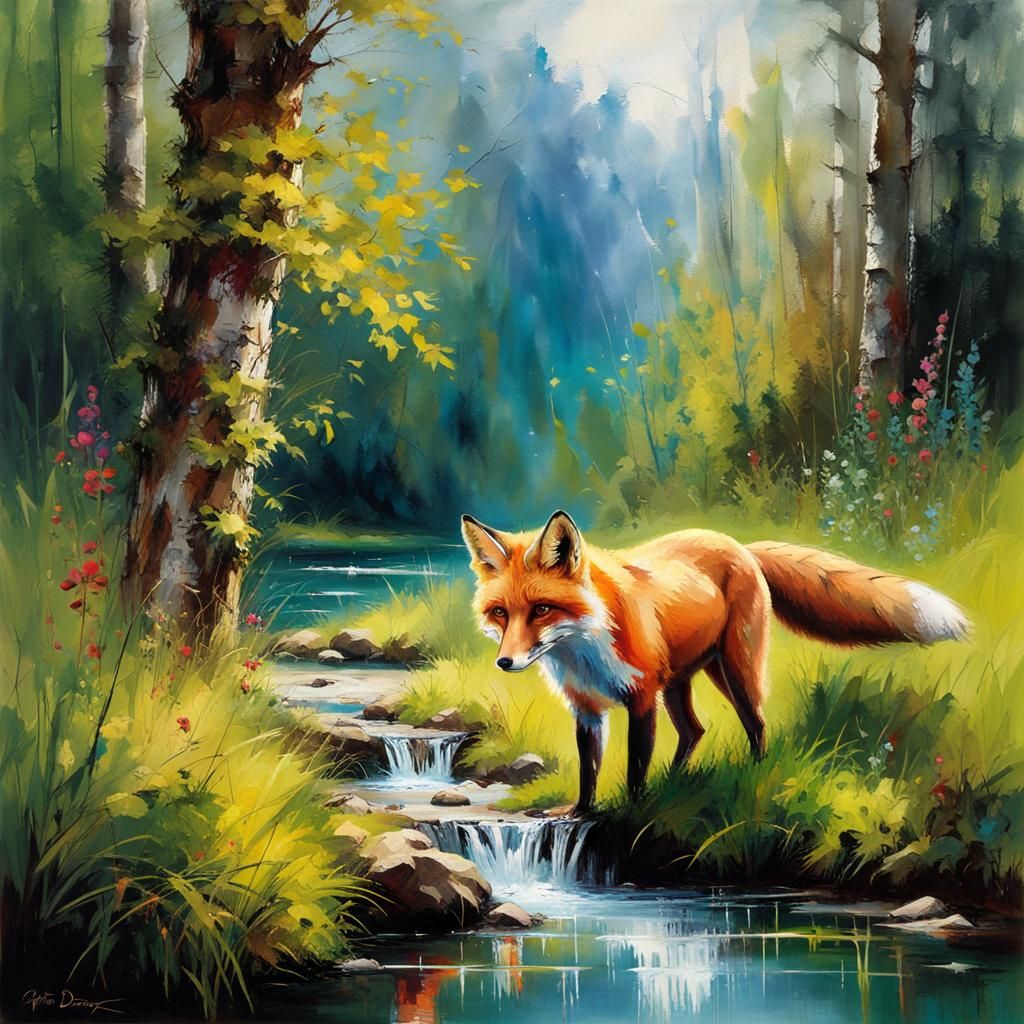 Fox by Creek with Waterfall in Oil Painting Style