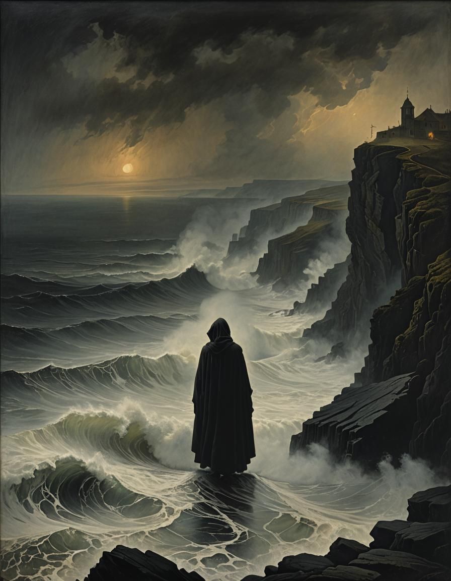 Anguished Figure on Cliff in Dramatic Lighting