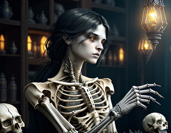 Furry Skeleton Cleans Bones in Dark Fantasy Workshop
