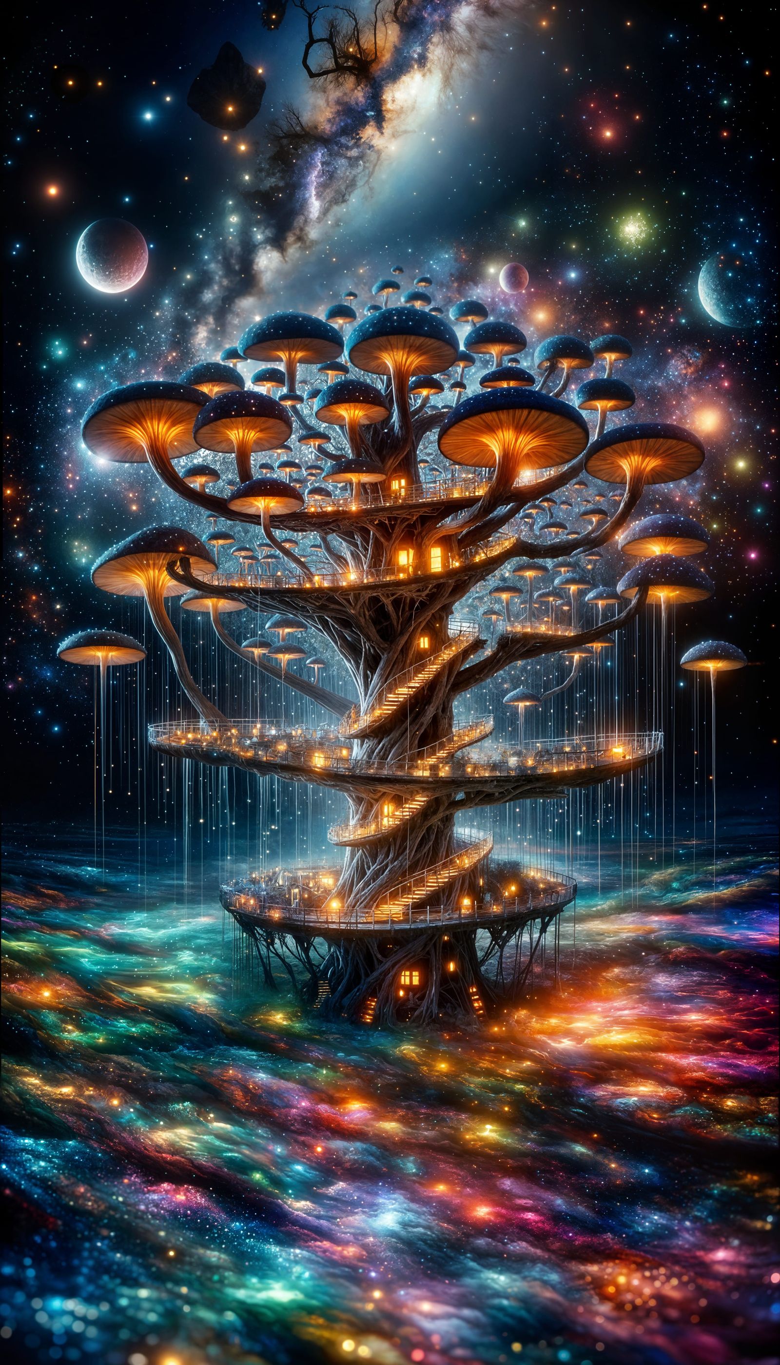 Surreal Treehouse in Fluorescent Seascape with Holographic S...