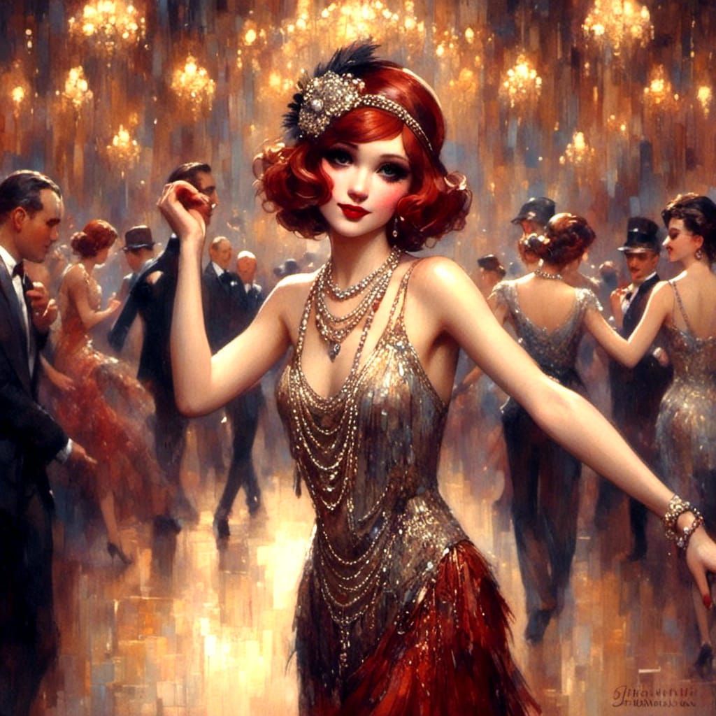Flapper Dances Charleston in Art Deco Style