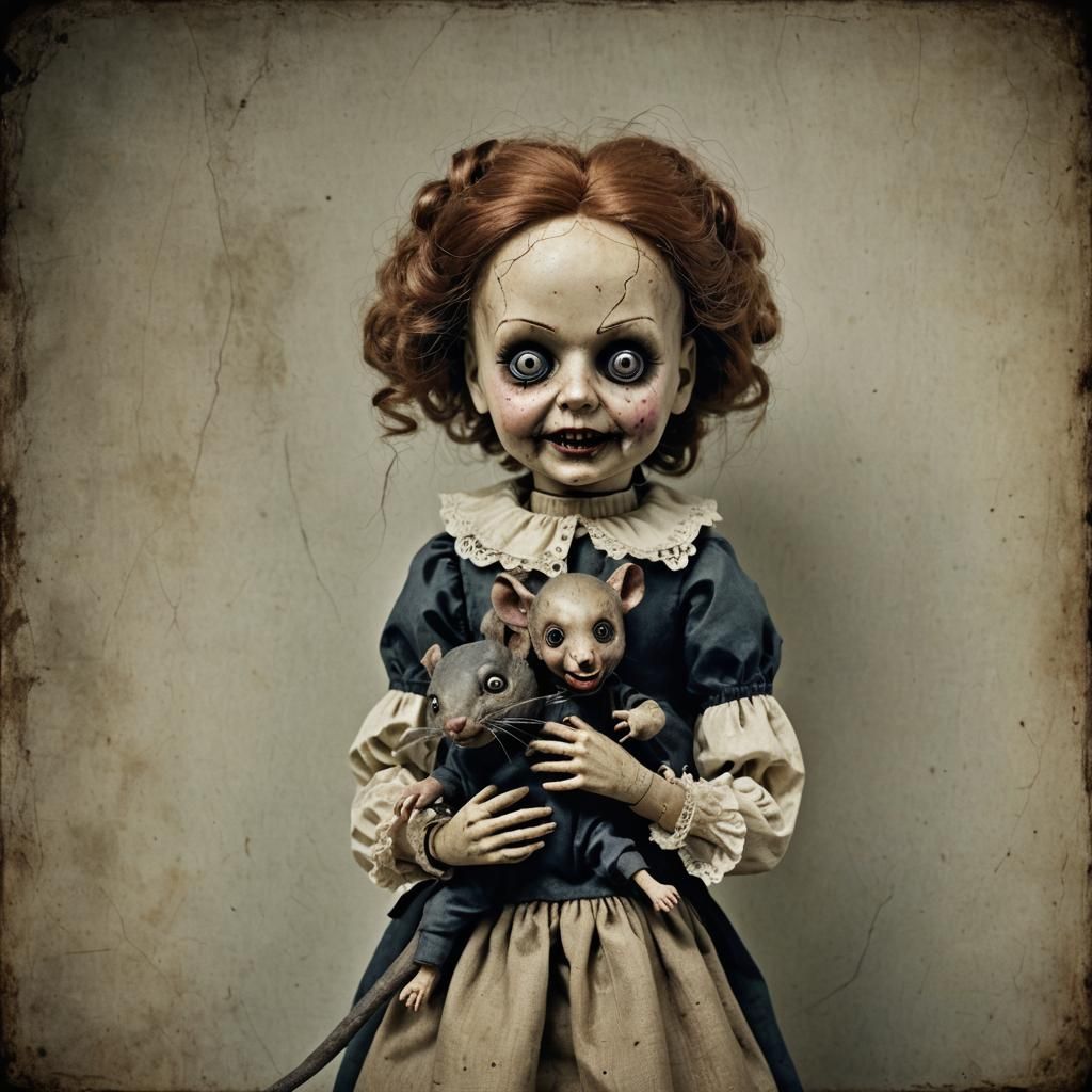 Creepy Doll Holding Rat With Scary Face
