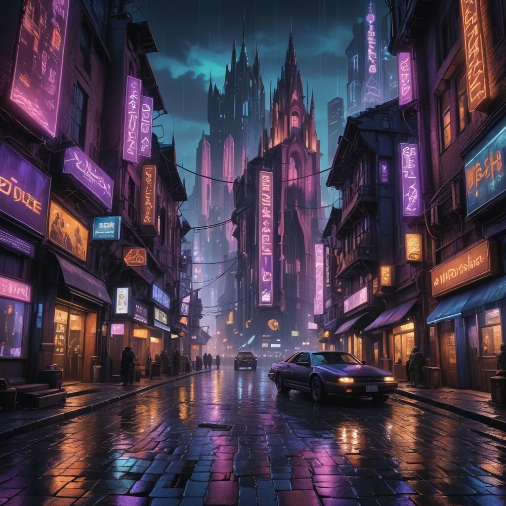 Cyberpunk Medieval Cityscape in High-Detail Matte Painting