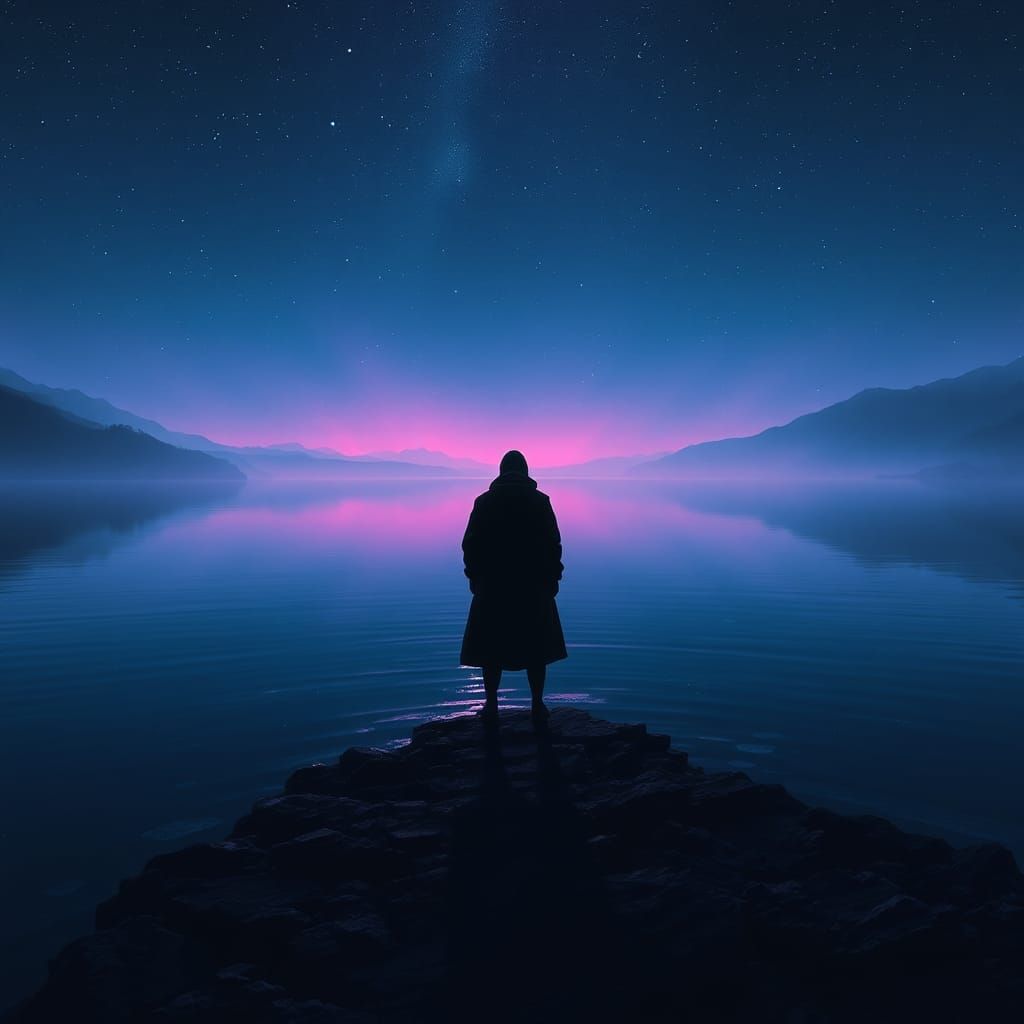 Lone Figure at Water's Edge: Fantasy Concept Art