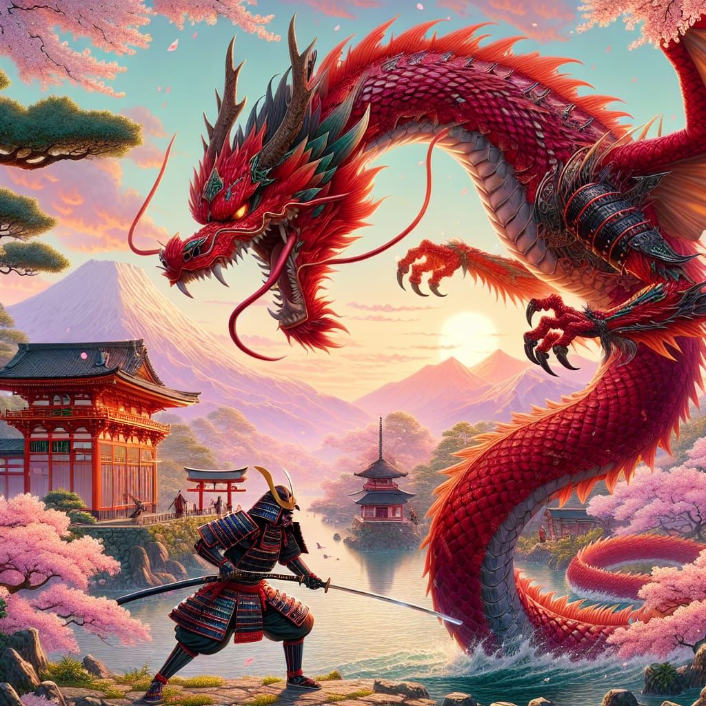Samurai and Dragon Clash in Anime Japanese Landscape