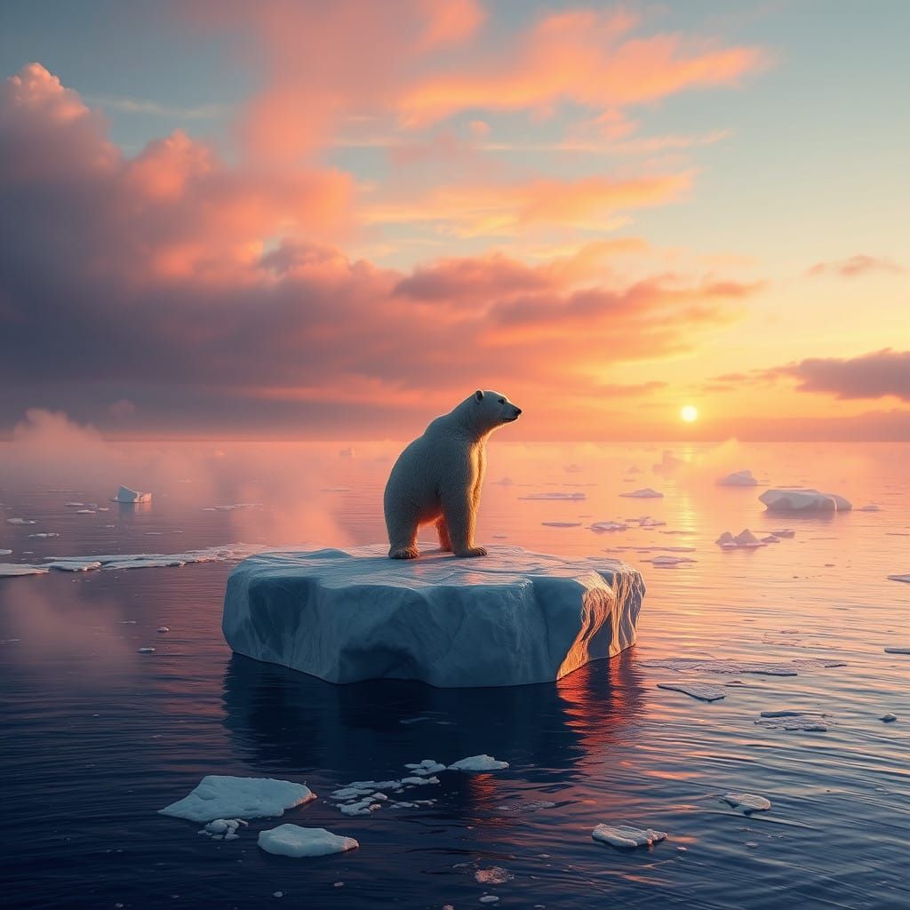Polar Bear Struggles on Fading Iceberg in Arctic Sunset