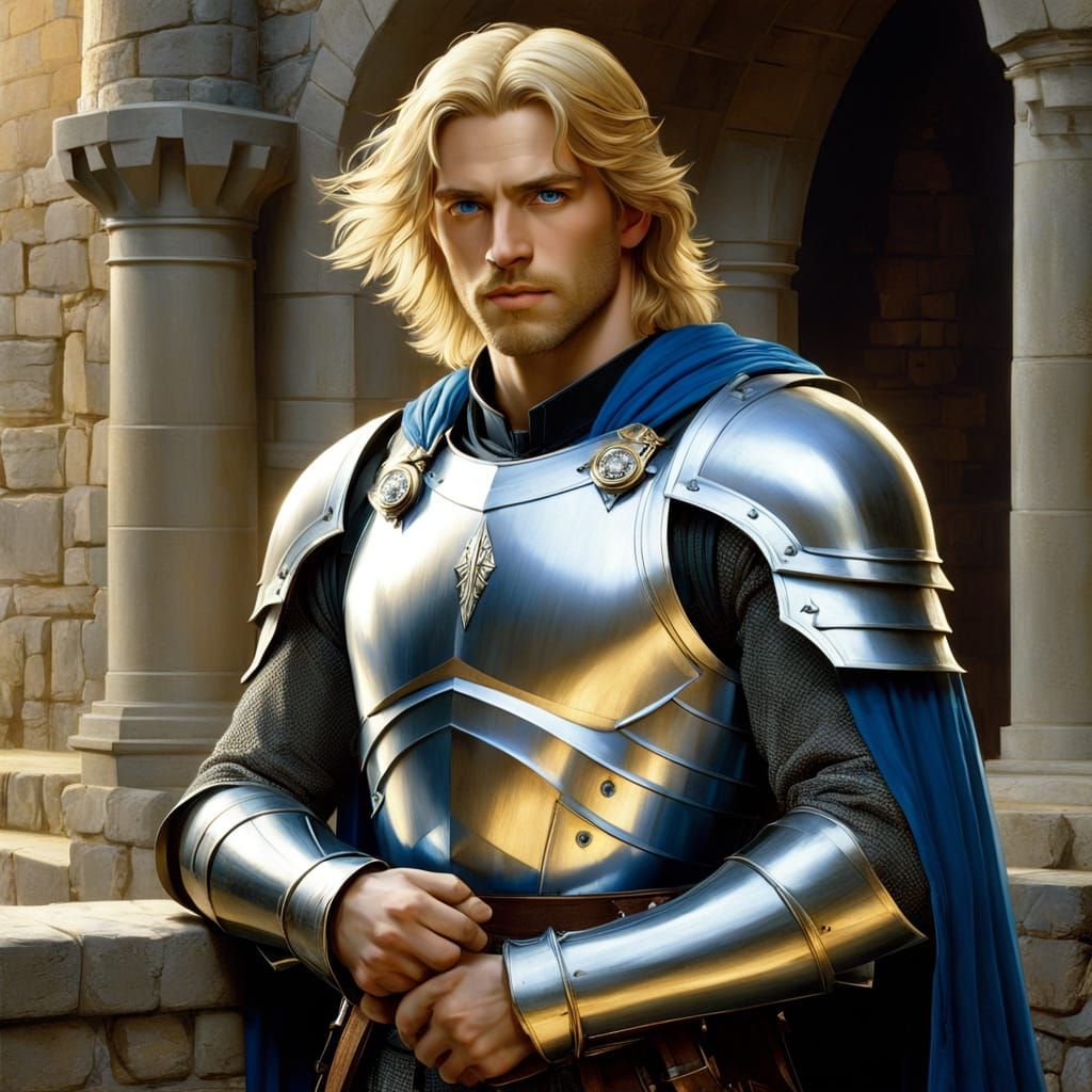 Luminous Paladin in Castle, Pre-Raphaelite Style