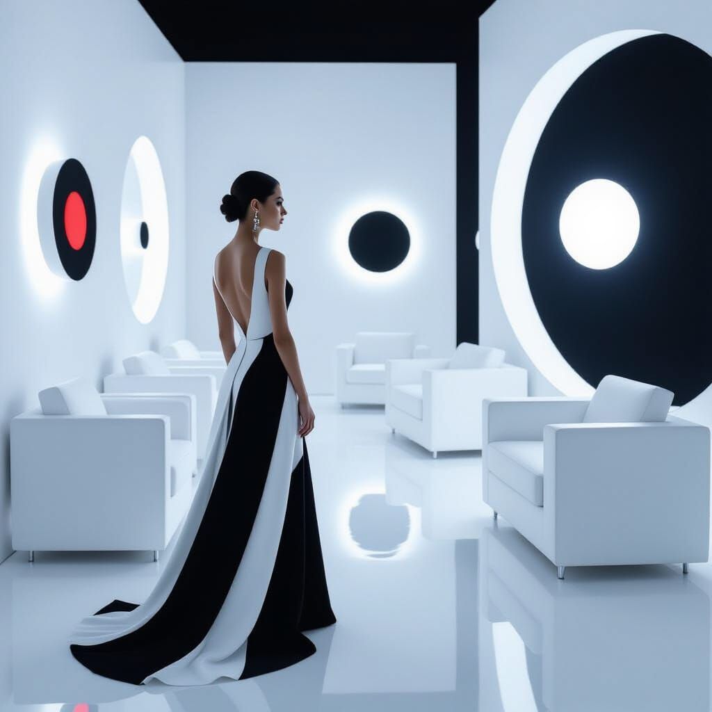 Minimalist Woman in White Room: Malevich and Kusama Style