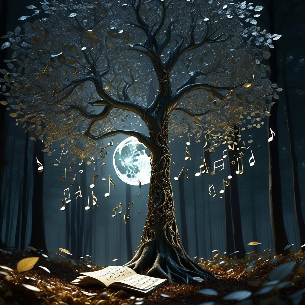Moonlit Tree with Musical Note Leaves