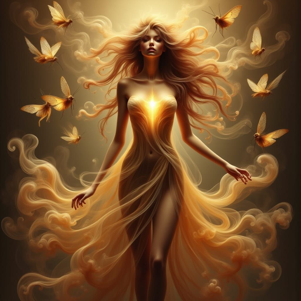 Ethereal Woman Surrounded by Moths in Golden Landscape