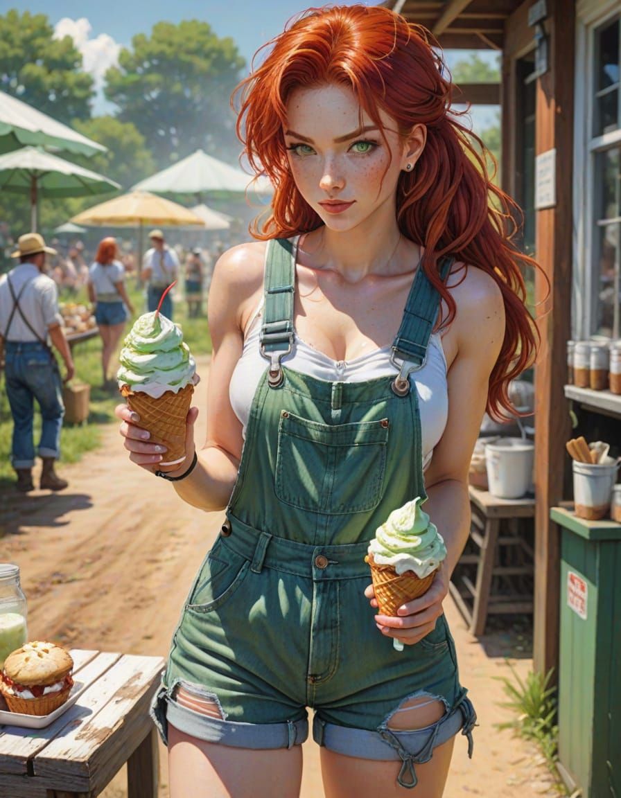 Farm Tomboy with Red Hair Holds Melting Ice Cream