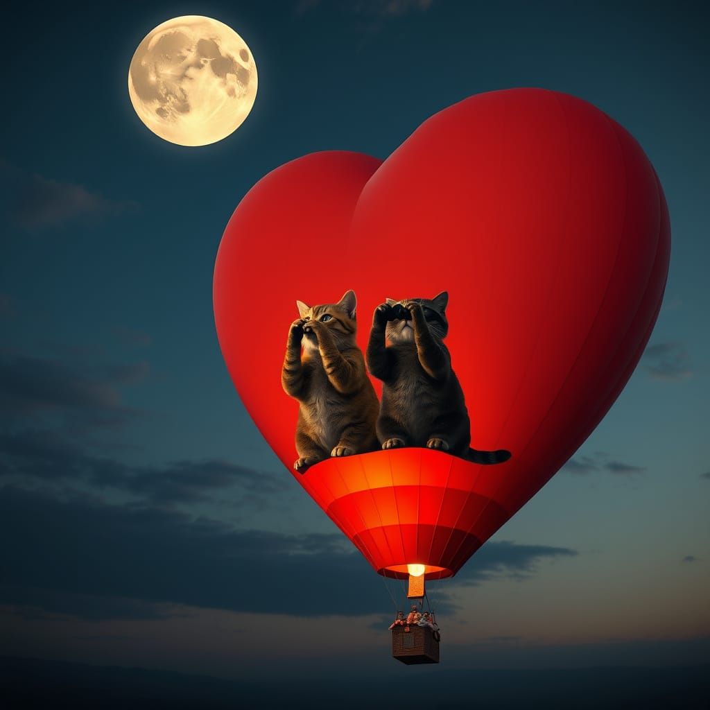 Moonlit Hot Air Balloon Soars with Feline Stargazers