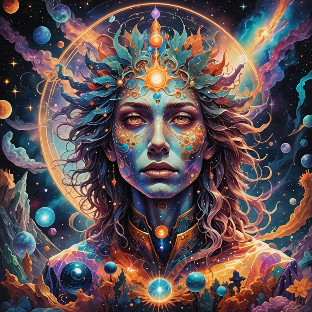 Holographic Astral Entity Illustration in Mixed Media