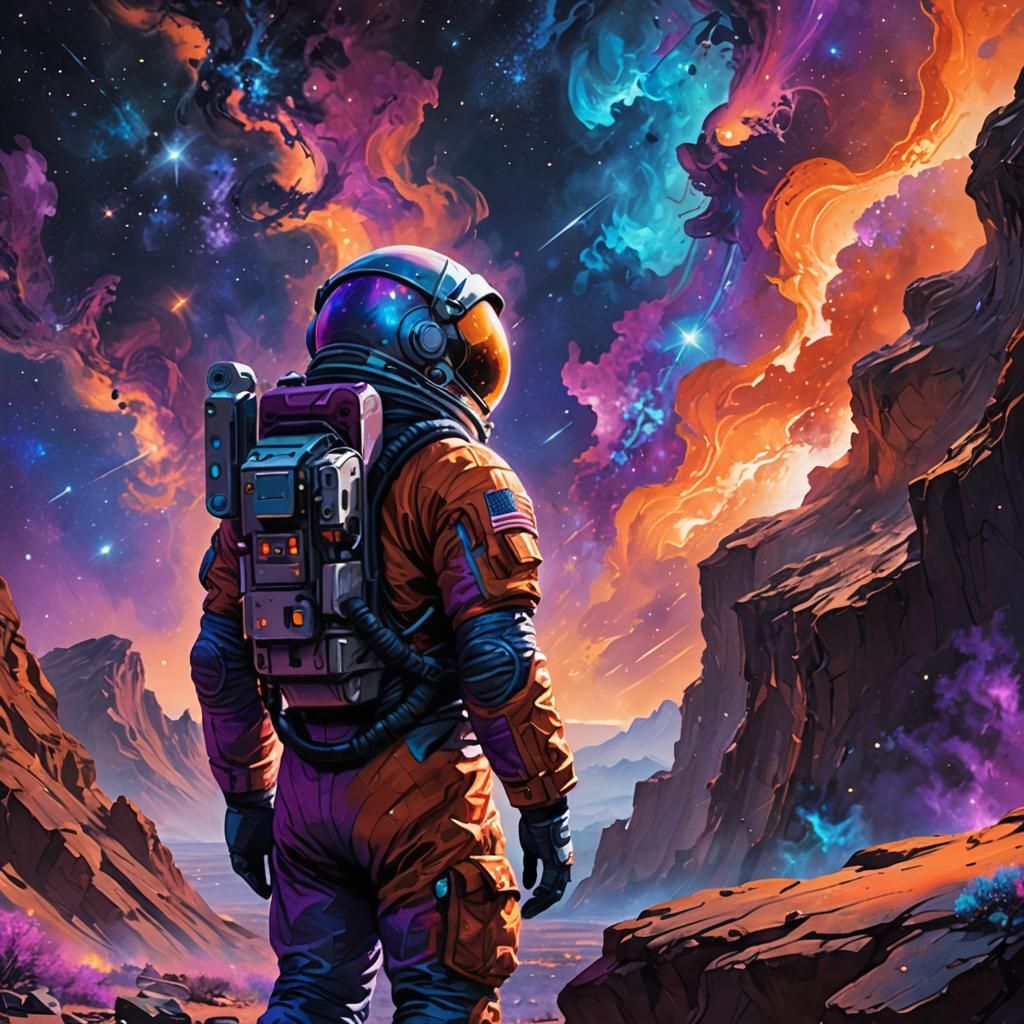 Astronaut Contemplates Glowing Nebula in Sci-Fi Art
