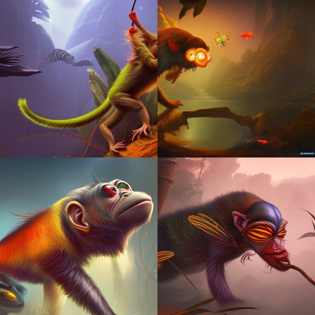 Fantastical Insect-Eating Monkey-Fish Creature in Detailed P...