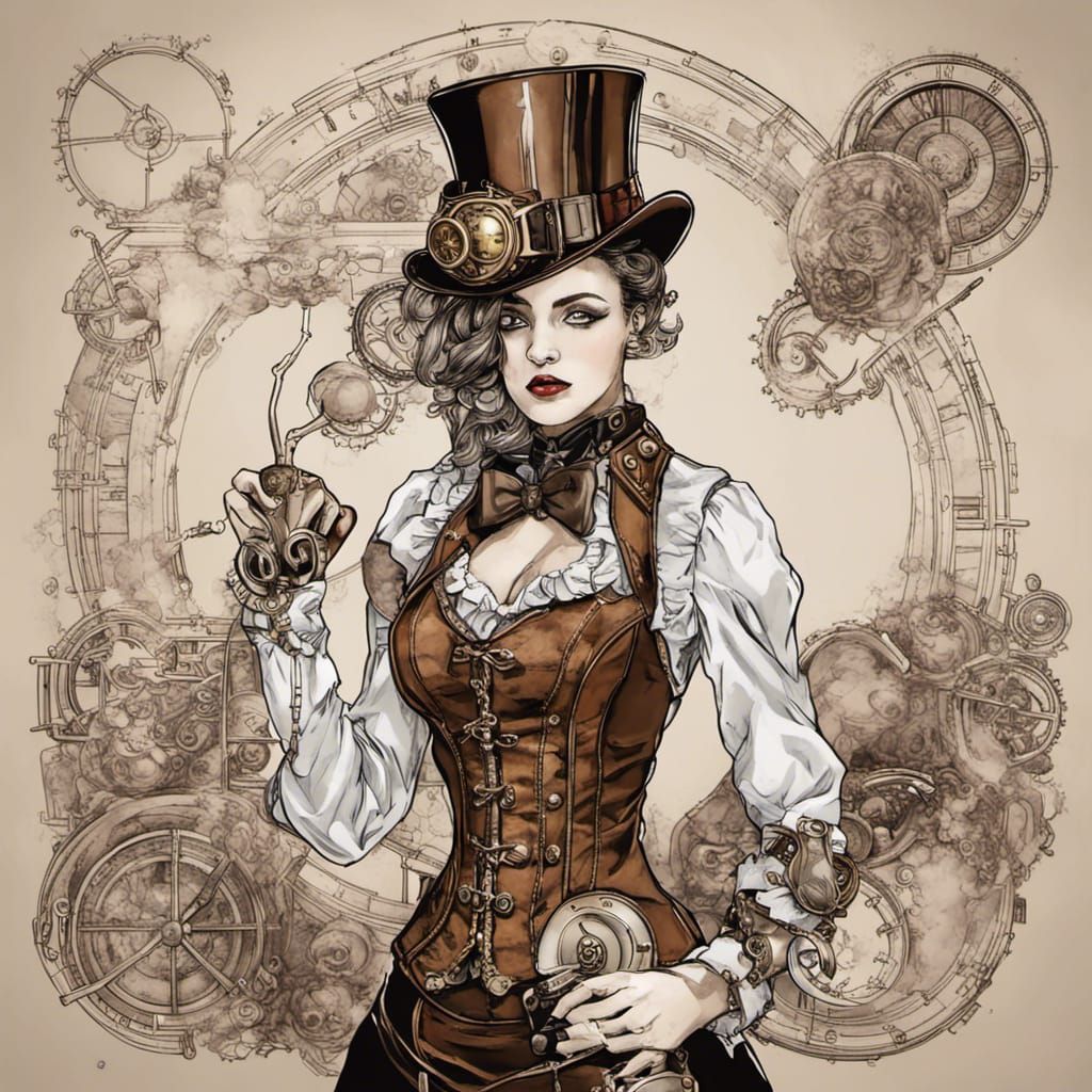 Steampunk Lady with Locomotive in Anime Style
