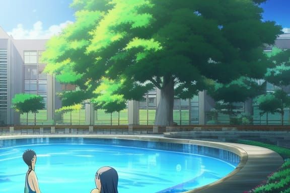 outdoor pool Anime Key Visual, by Makoto Shinkai, Deep Color, Intricate, 8k resolution concept art, Natural Lighting, Be...